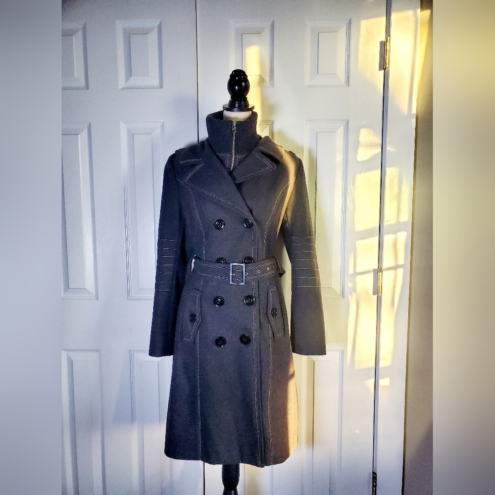 Miss Sixty Gray Wool Blend Belted Womens Coat With Ribbed Bib Collar - Picture 3 of 15